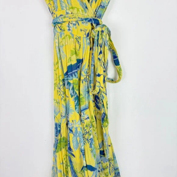 Banjanan Mercy Midi Dress Wrap Tropical Floral Bird Yellow Size Small S $370 EUC - Picture 4 of 16